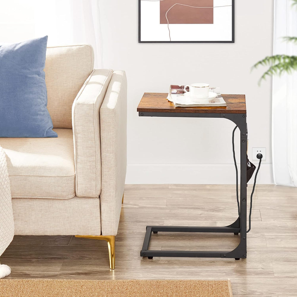 TUTOTAK C Shaped End Table with Charging Station, Side Table for Sofa