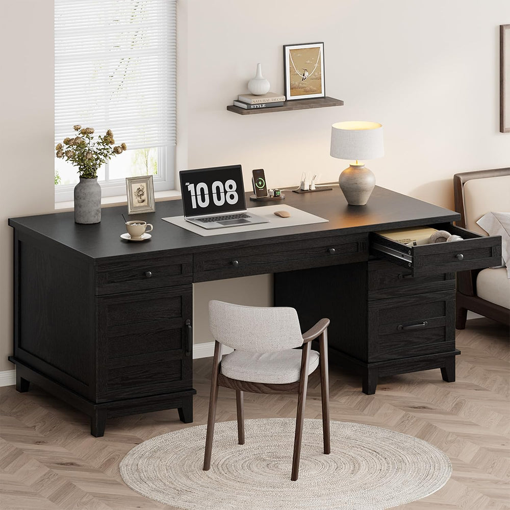 Garvee 60" Wooden Home Office Desk with File Drawers, Executive Desk wit...