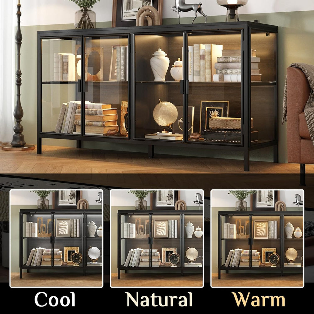 Display Cabinet with Glass Doors & LED Lights, Sideboard Buffet Cabinet w...