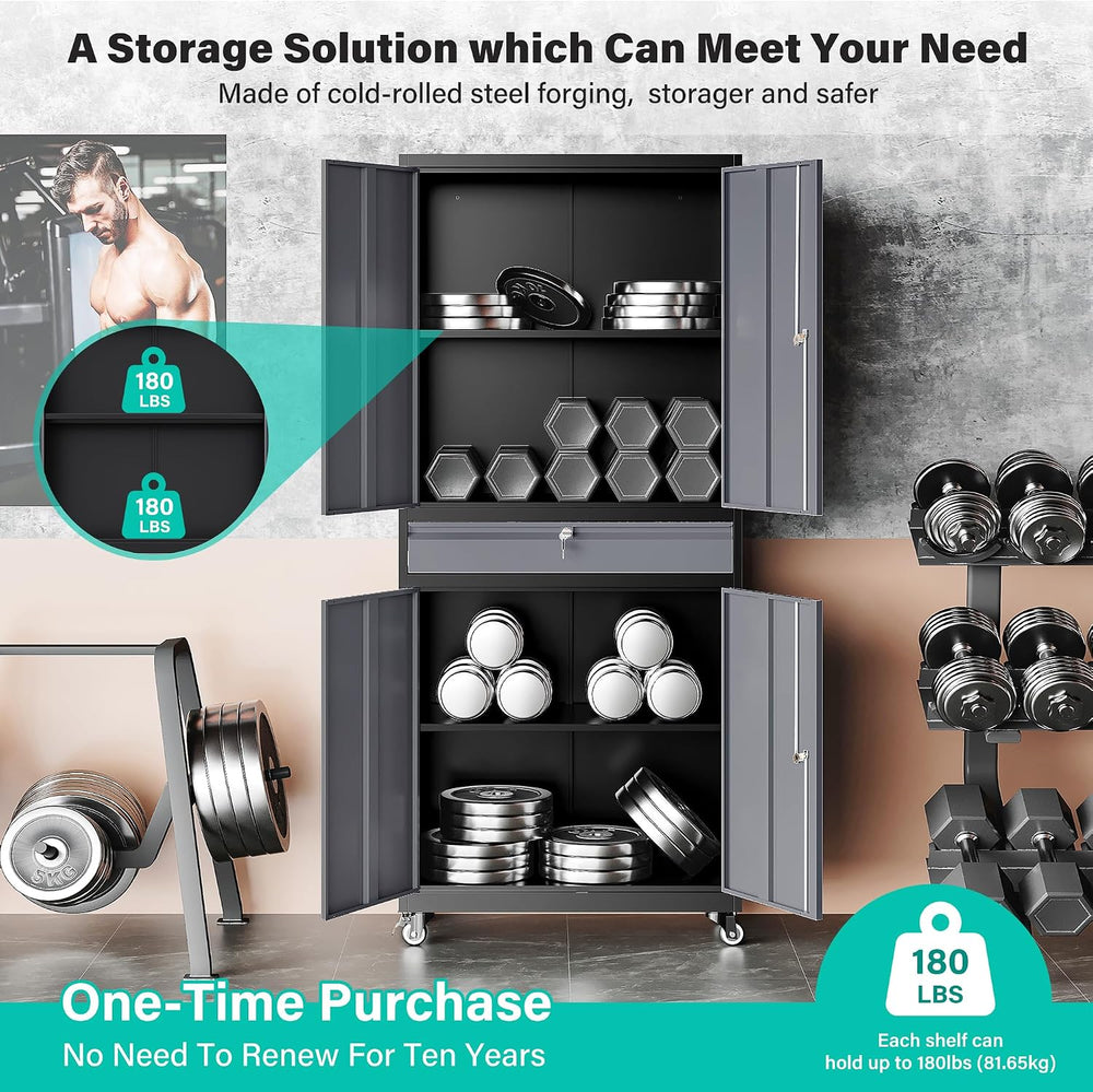 Metal Garage Storage Cabinet with Wheels and Drawer,Gray Rolling Garage Cabin...