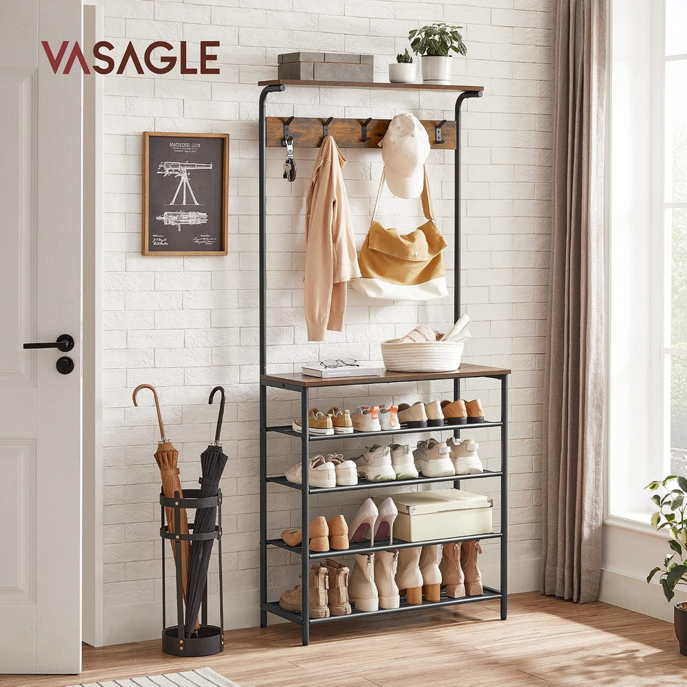 VASAGLE Hall Tree with Shoe Bench, 5-Tier Shoe Rack, 5 Dual Hooks