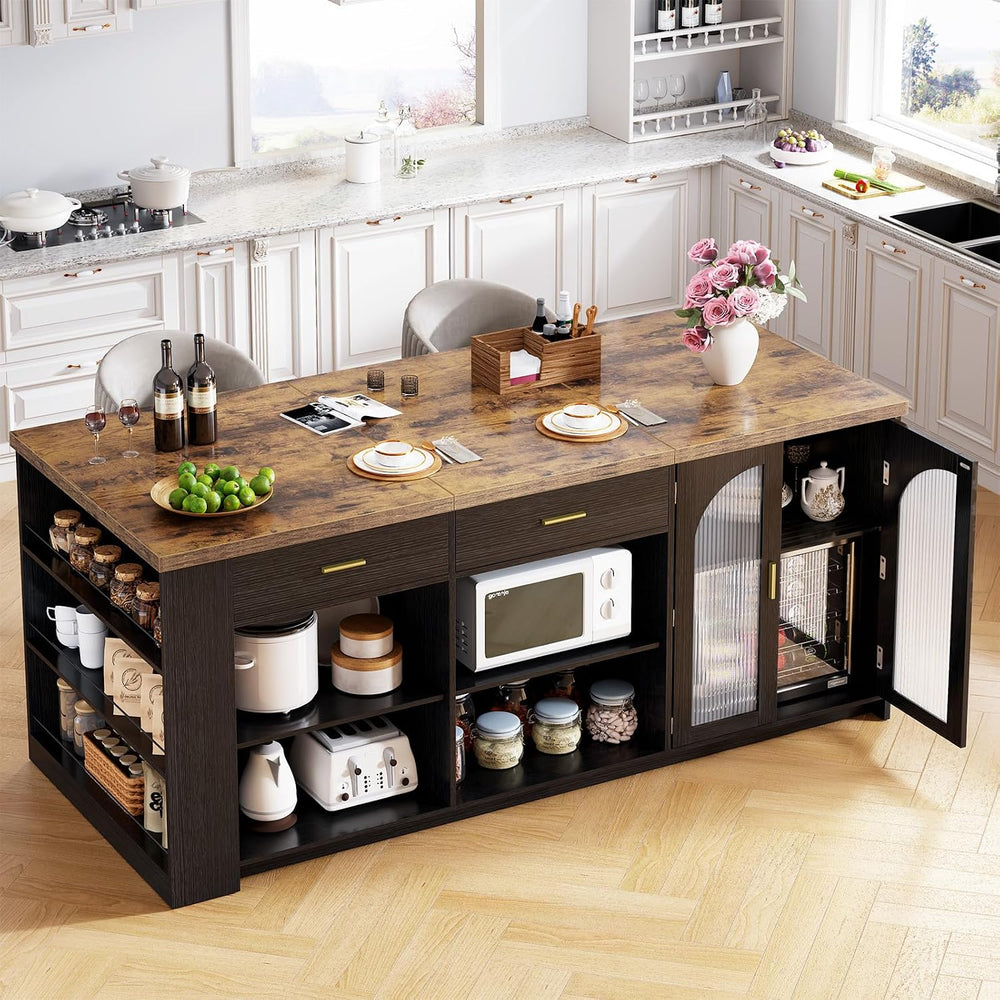 IBF 71" Large Kitchen Island with Storage and Seating, Rustic Brown &...