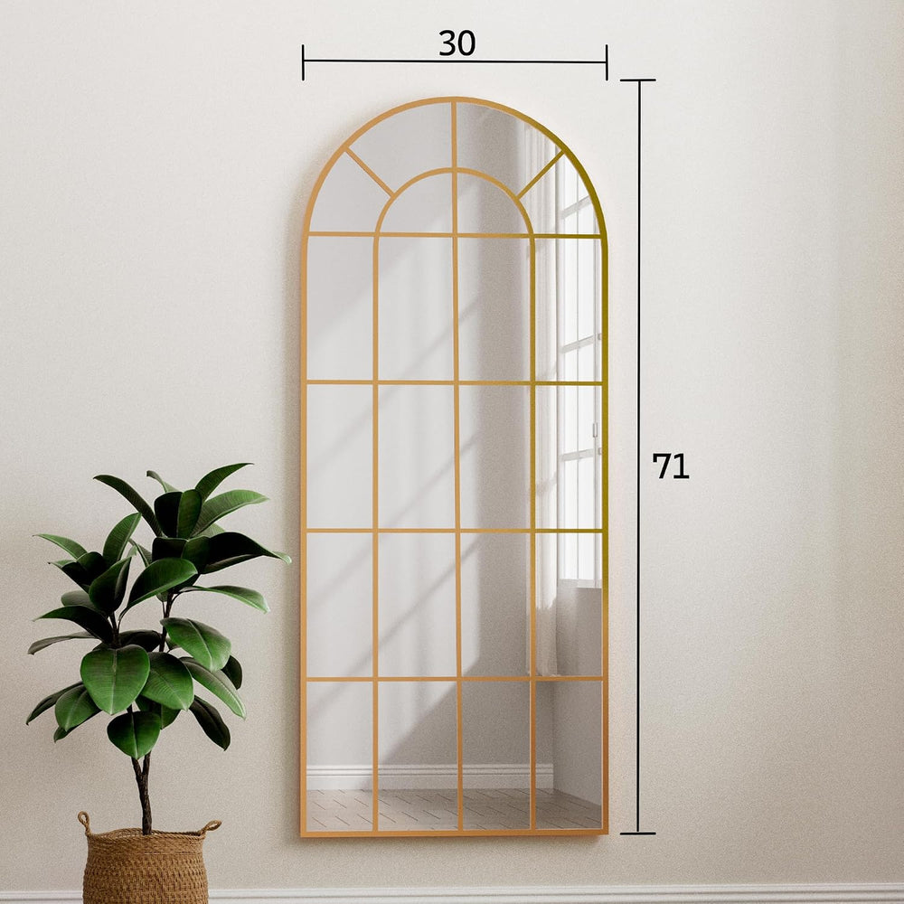 HARRITPURE Arched Full Length Mirror 71"x30" Gold Windowpane Floor ...