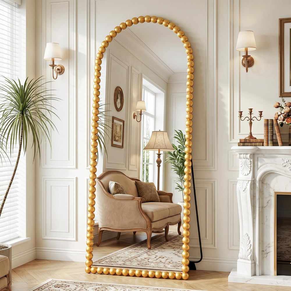 Antok 71" x 28" Arched Full Length Mirror, Antique Beaded Frame Flo...