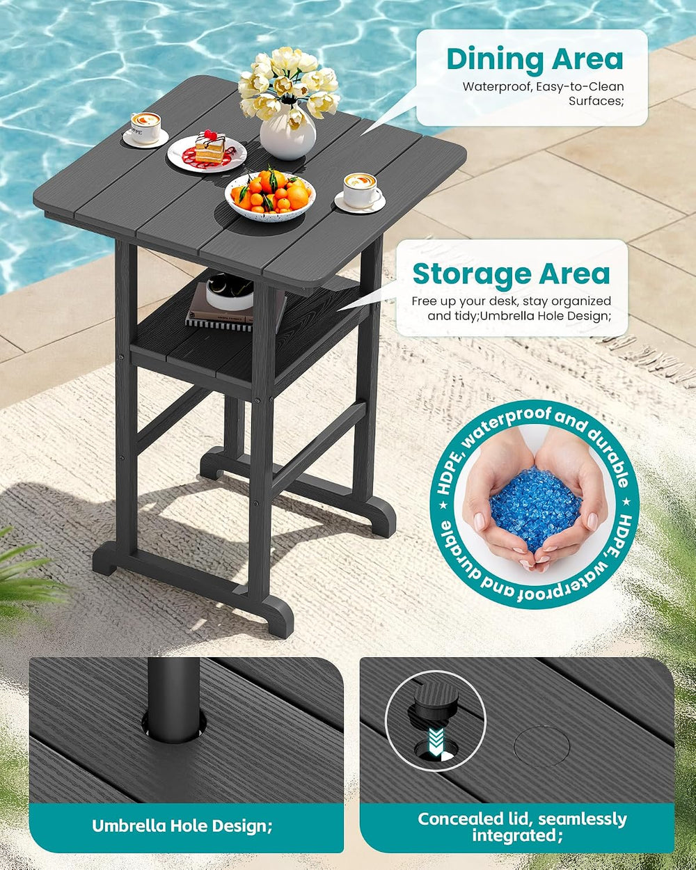 SERWALL 3 Pcs HDPE Bar Height Chairs and Double Layer Pub Table Set, Gray