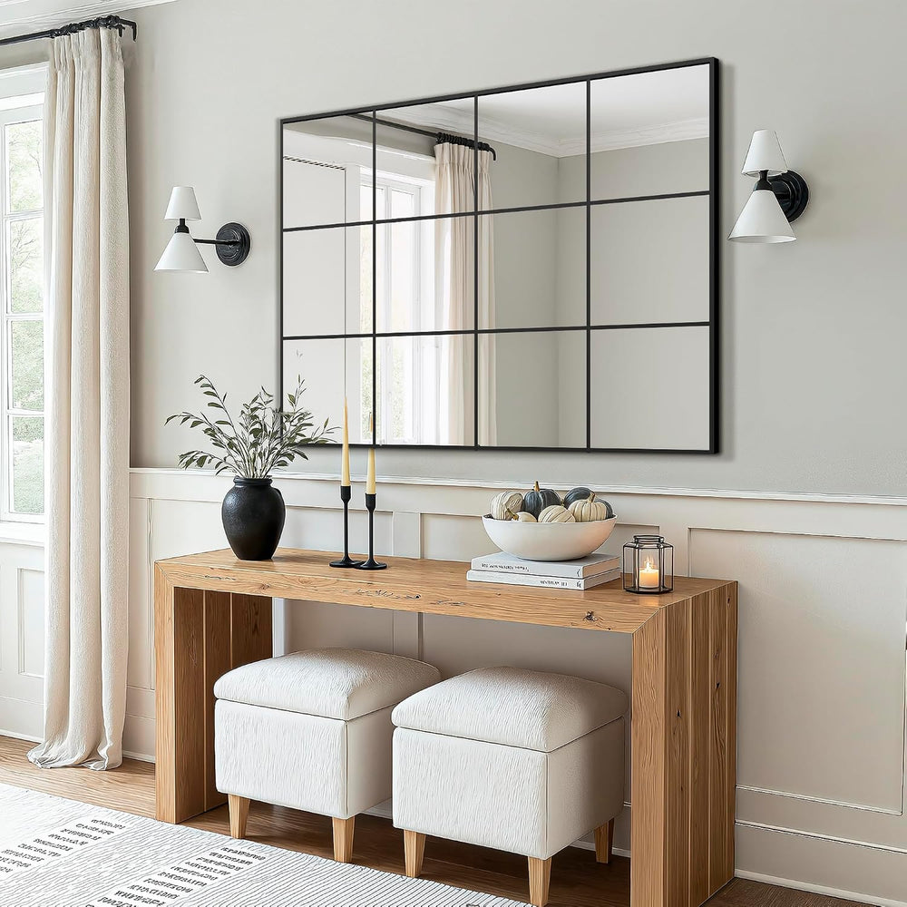 Window Pane Wall Mirror with Metal Frame 40"x30" Black