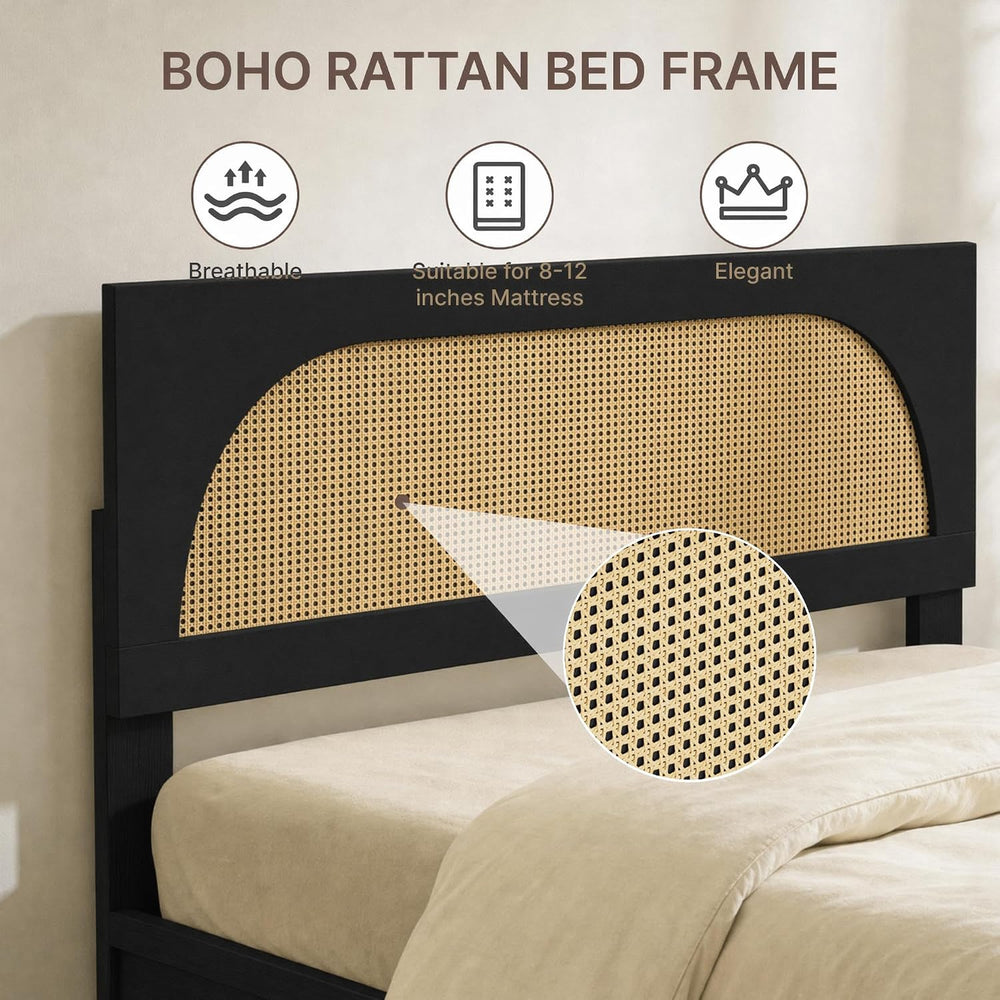 KISLOT Rattan Bed Frame with 2 Nightstands, Boho Platform, Black, Queen