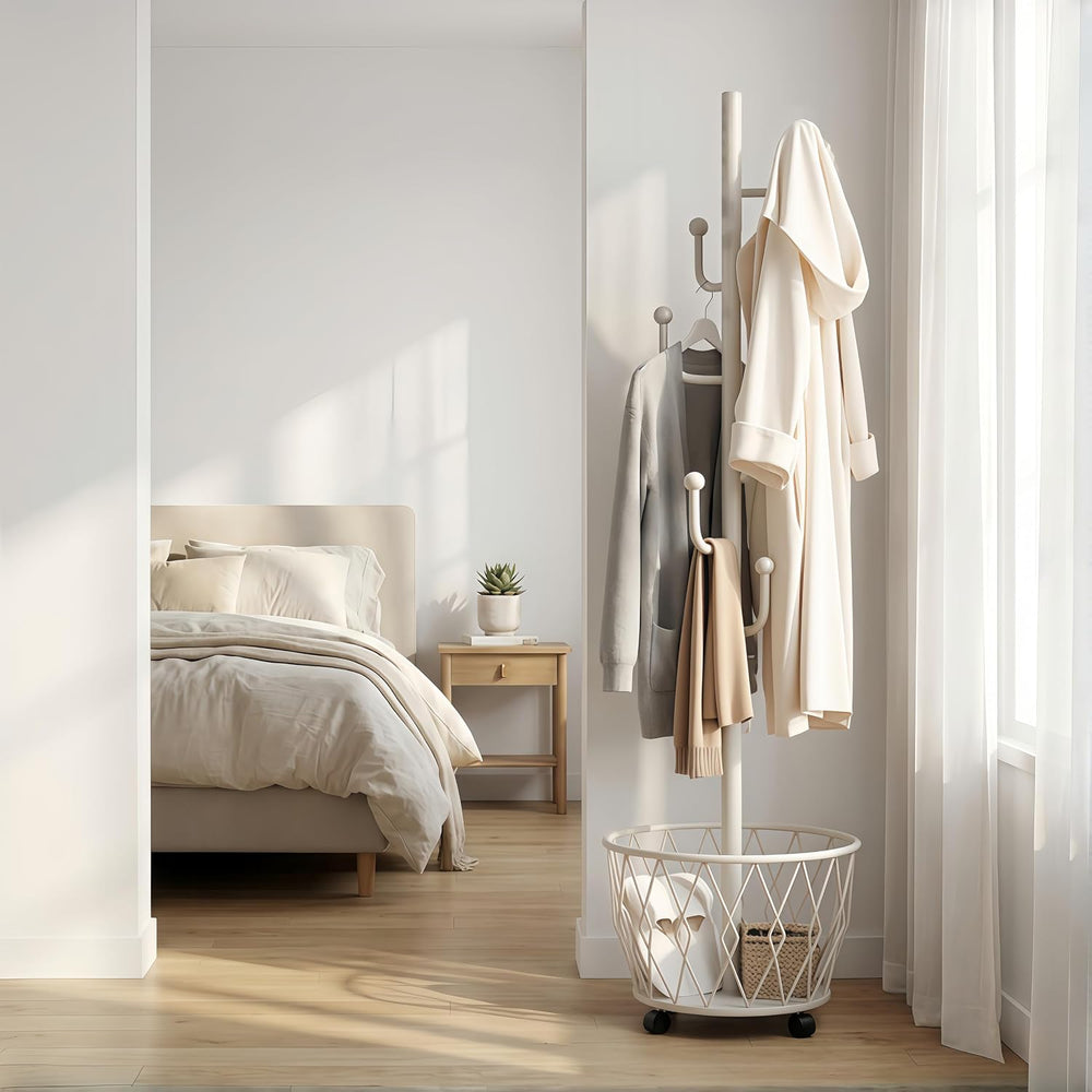 Off-White Moveable Cactus Metal Coat Rack with Basket Freestanding
