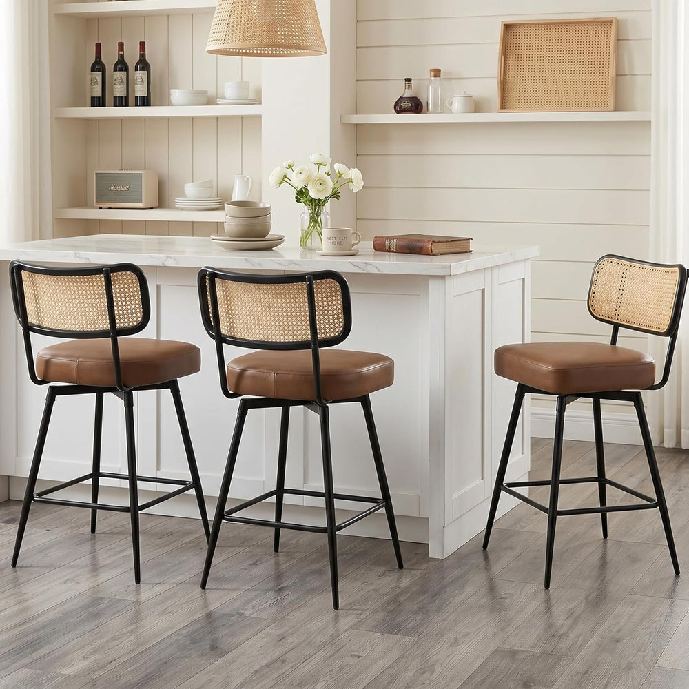 Rattan Bar Stools Set of 3, Swivel Counter Height, Brown