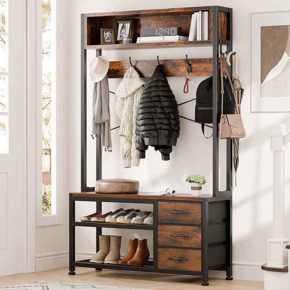 Hall Tree with Bench & 3 Drawers Storage 31.5" Coat Rack Entryway Or...