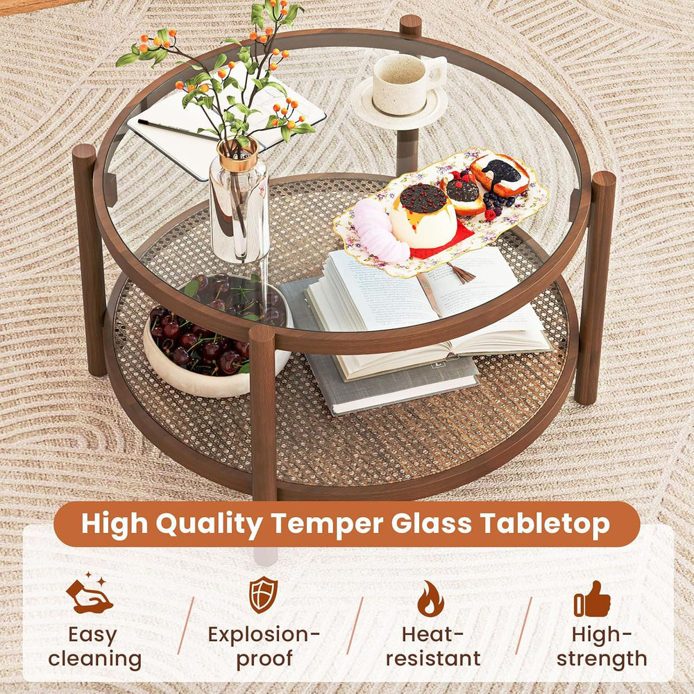 GIANTEX Rattan Coffee Table, Boho Round Glass Tea Table with PE Rattan Storag...