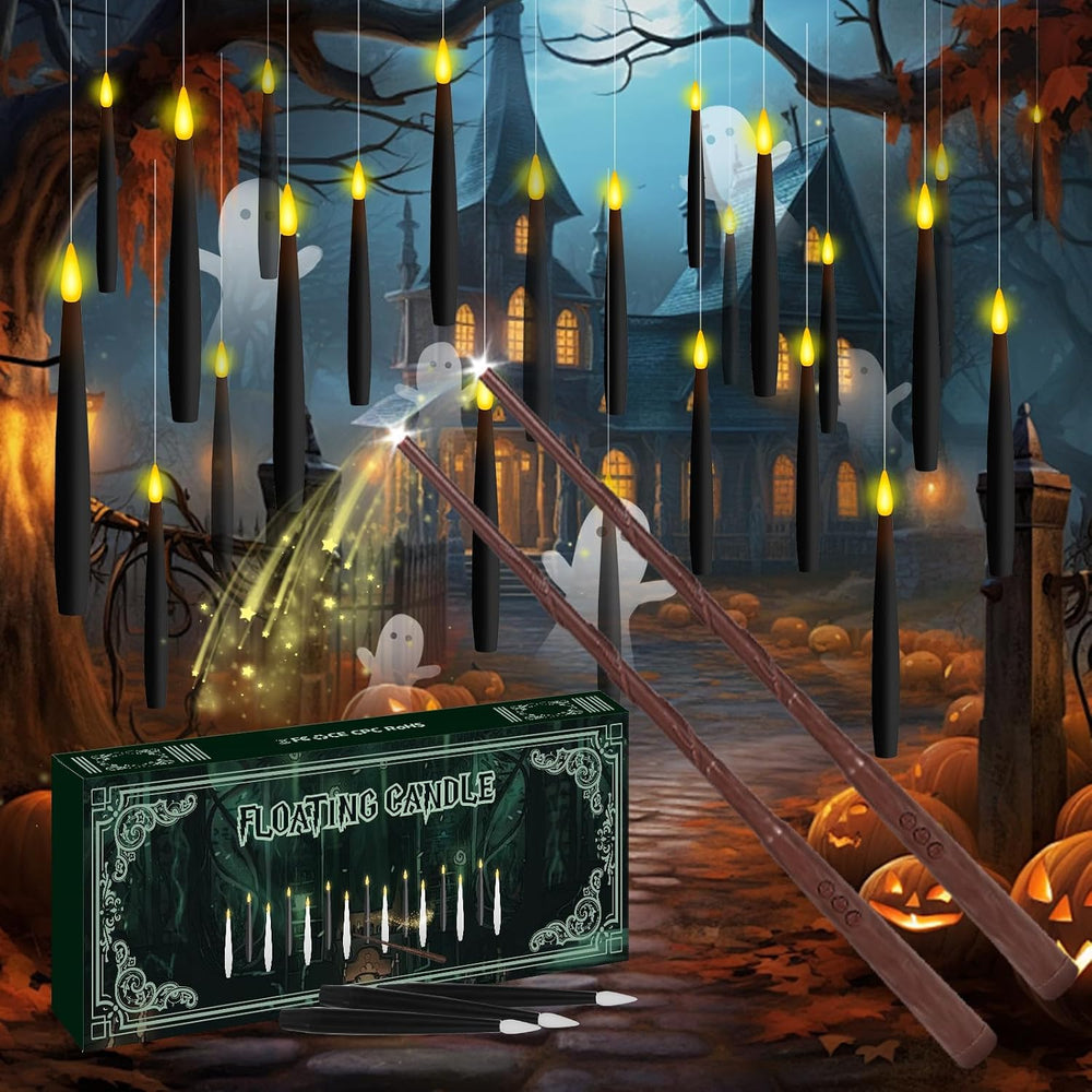 24Pcs Floating Candles with 2 Wand Remote Timer for Halloween Decor - Black