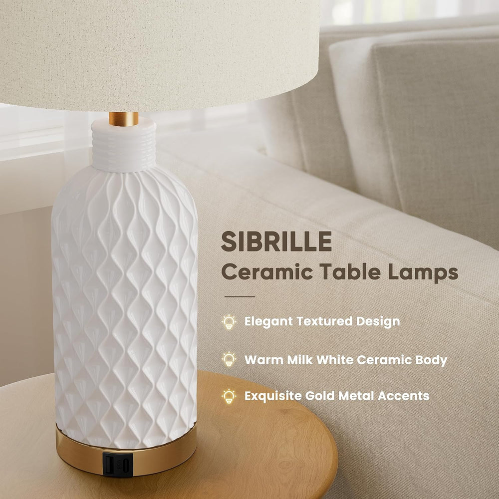 SIBRILLE 25" Ceramic Table Lamps Set of 2, White, USB-C/USB-A & AC O...