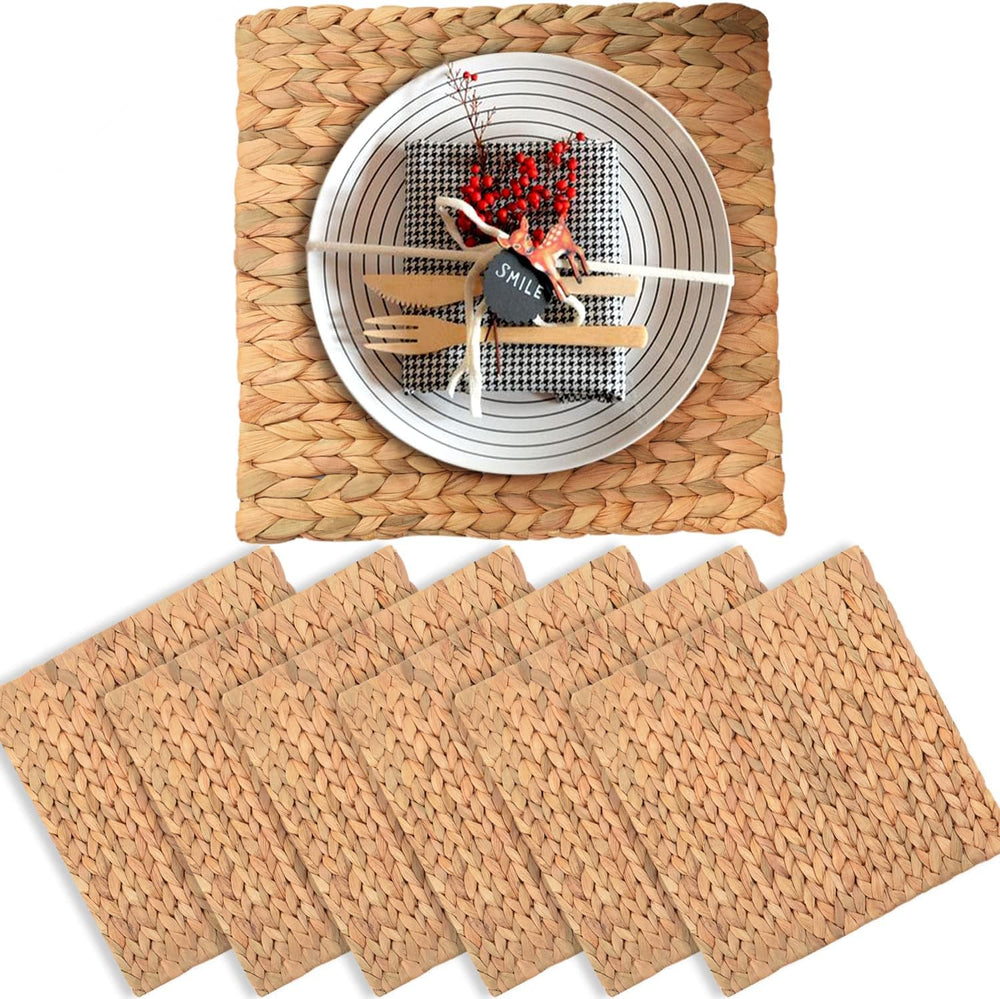 Square Placemats Set of 6, Water Hyacinth Woven Placemats for Dining Table, B...