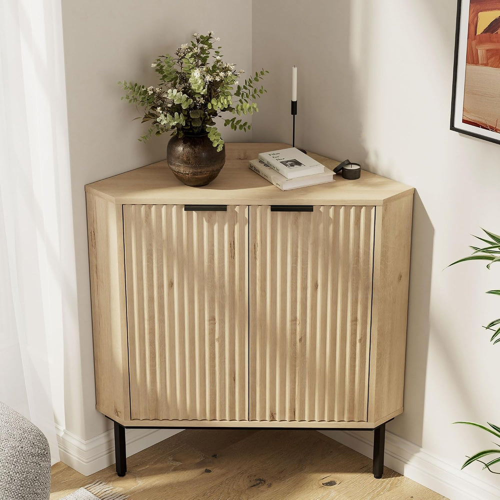 Modern Corner Cabinet, Fluted Wood Floor Storage Cabinet with Adjustable Shel...