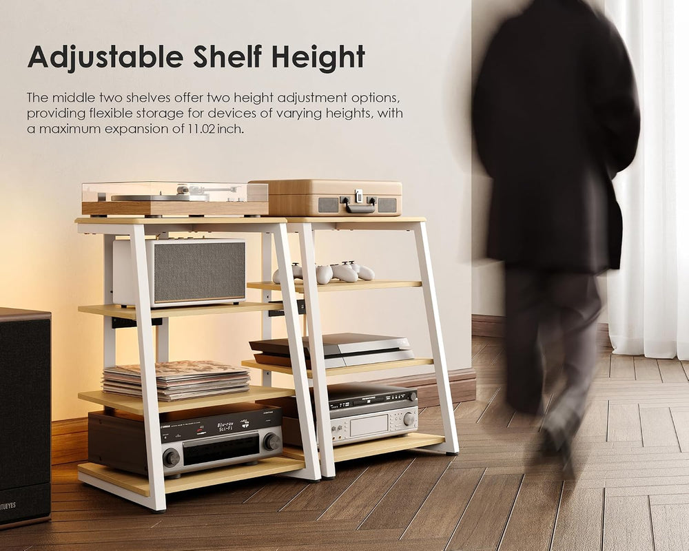 FITUEYES 4-Tier Media Stand with LED Backlight Integrated Power,White Oak