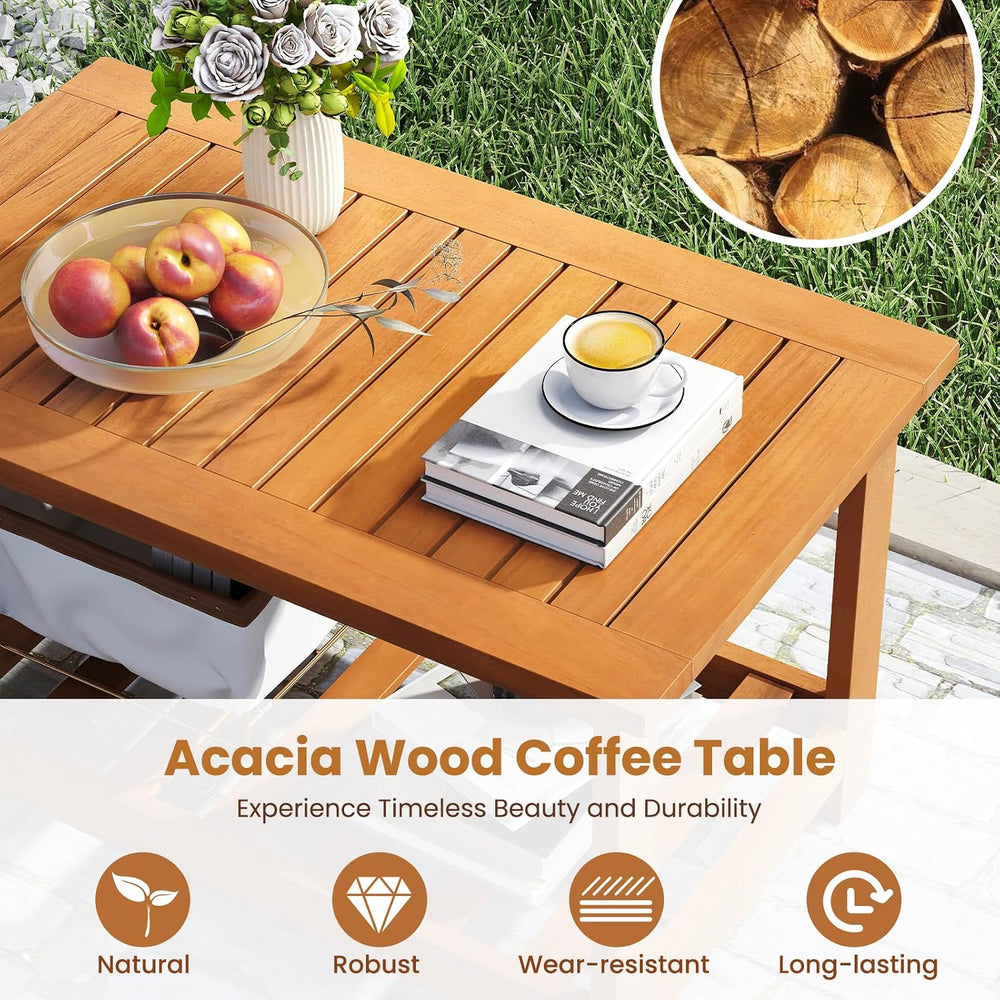 Tangkula Outdoor Acacia Wood Coffee Table, Patio 29.5” Rectangle Slatted 2 Ti...