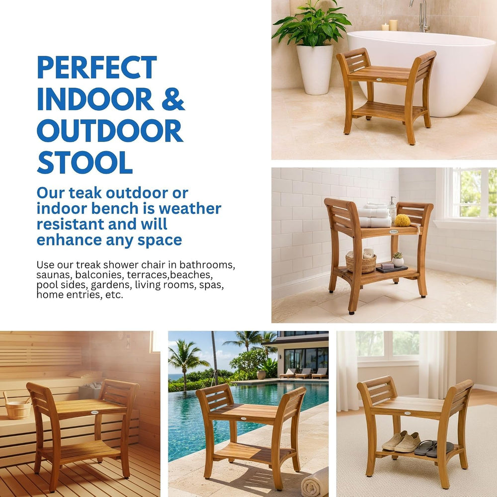EcoDecors Symmetry 24-Inch Teak Shower Bench with Shelf