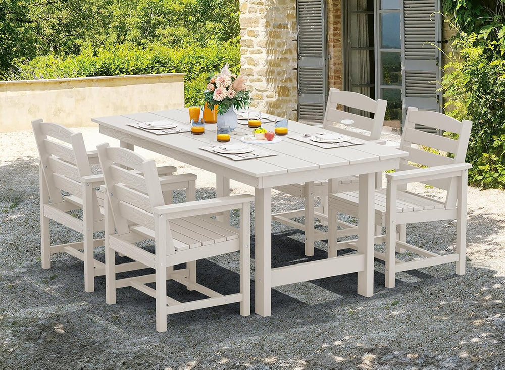 SERWALL 7 Pcs Outdoor Dining Set, 67" HDPE Dining Set for 6, White