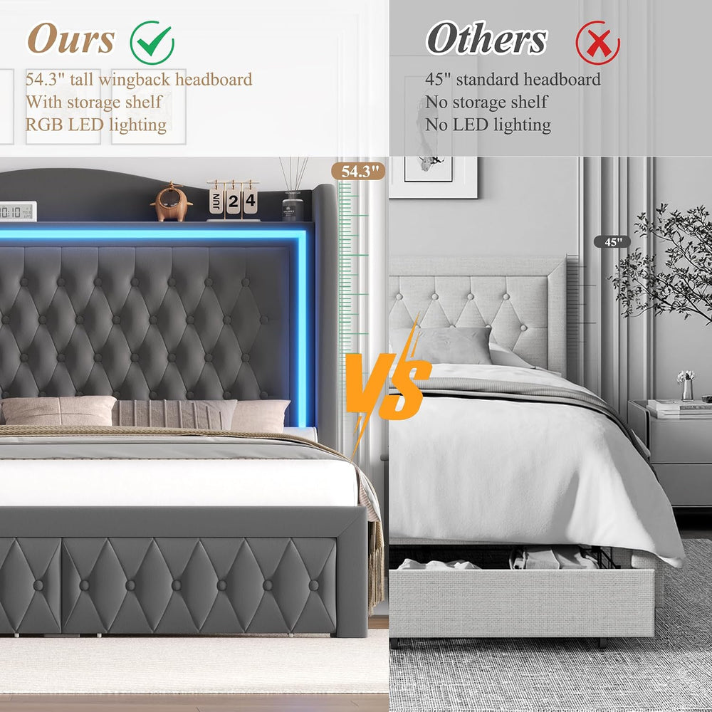 King Bed Frame 55" Tall Headboard with LED Lights, Buttons Tufted Velvet...