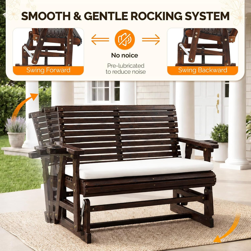VINGLI Wooden Patio Glider with Cushion, Heavy Duty 800 LBS Outdoor Glider wi...