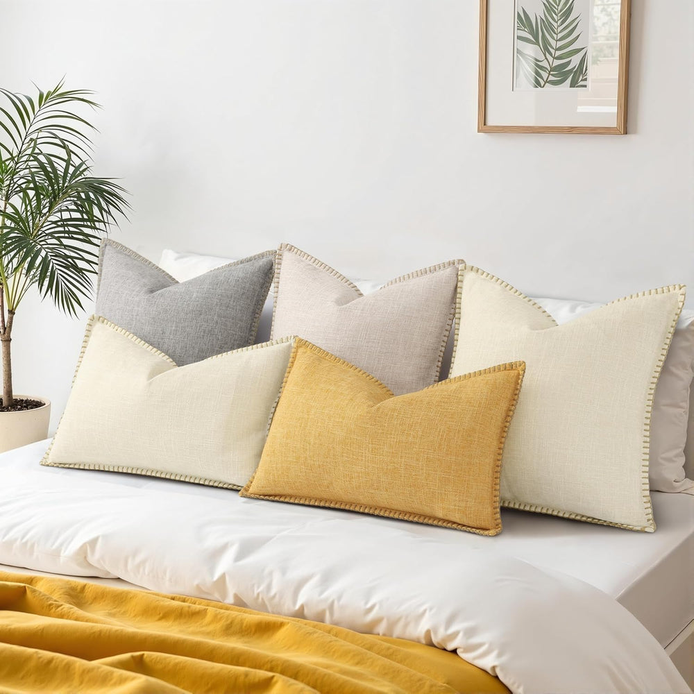 decorUhome Cream Faux Linen Outdoor Throw Pillow Covers 26x26 Set of 2
