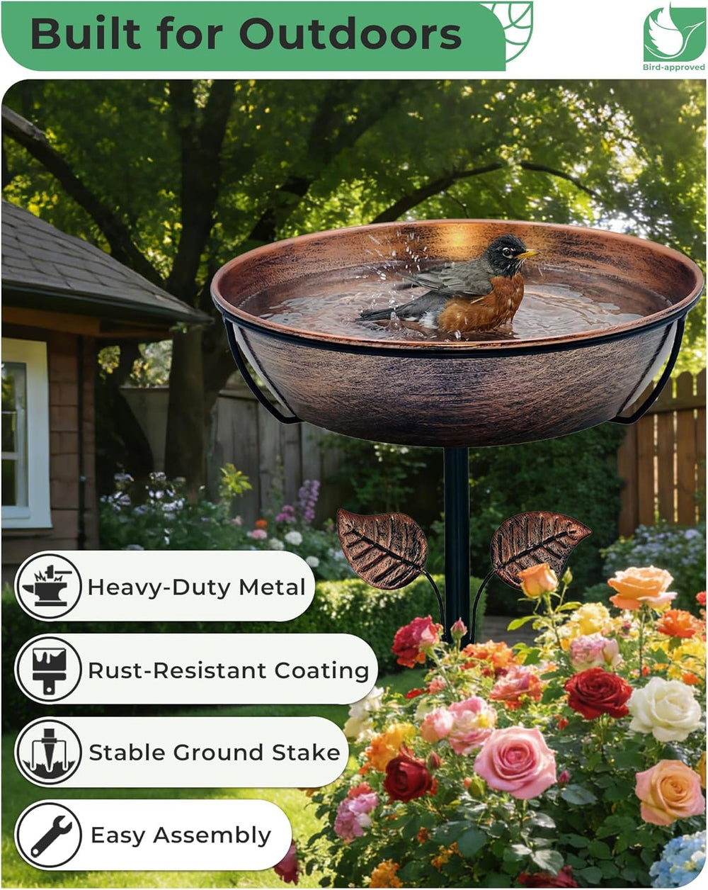 13" Metal Bird Bath for Outside 3" Deep Removable Bowl with Stake
