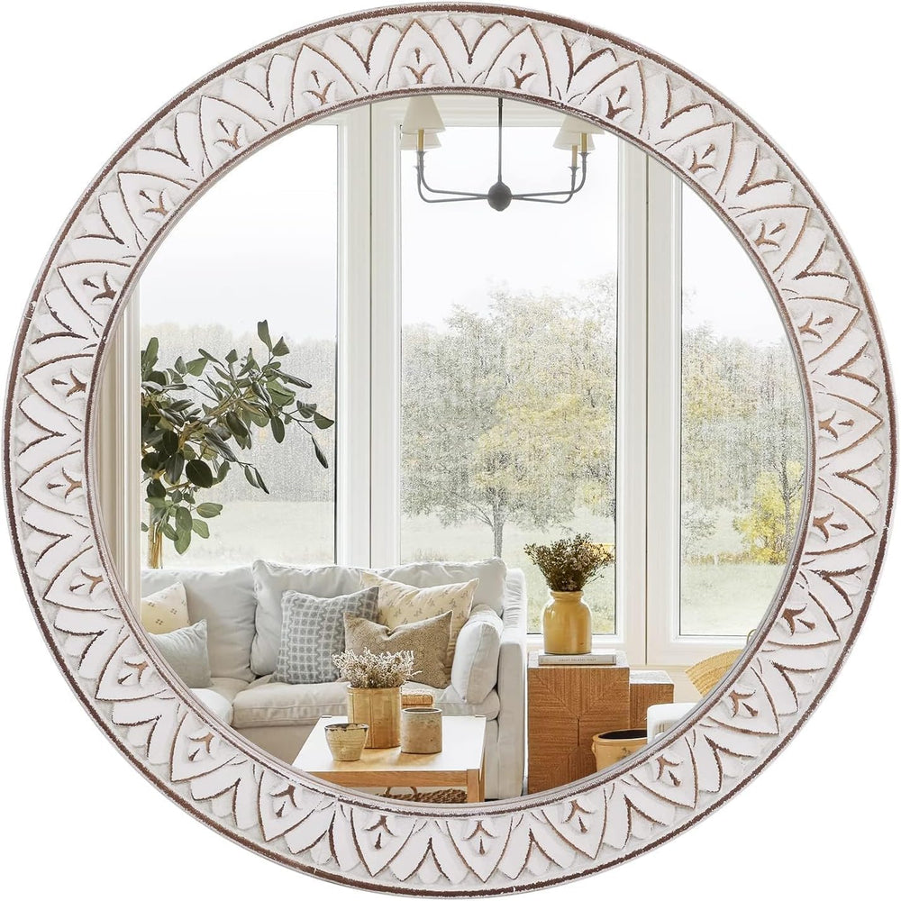 20" Round Rustic Mirror Wooden Frame Circle Mirrors, Distressed Wall Mou...