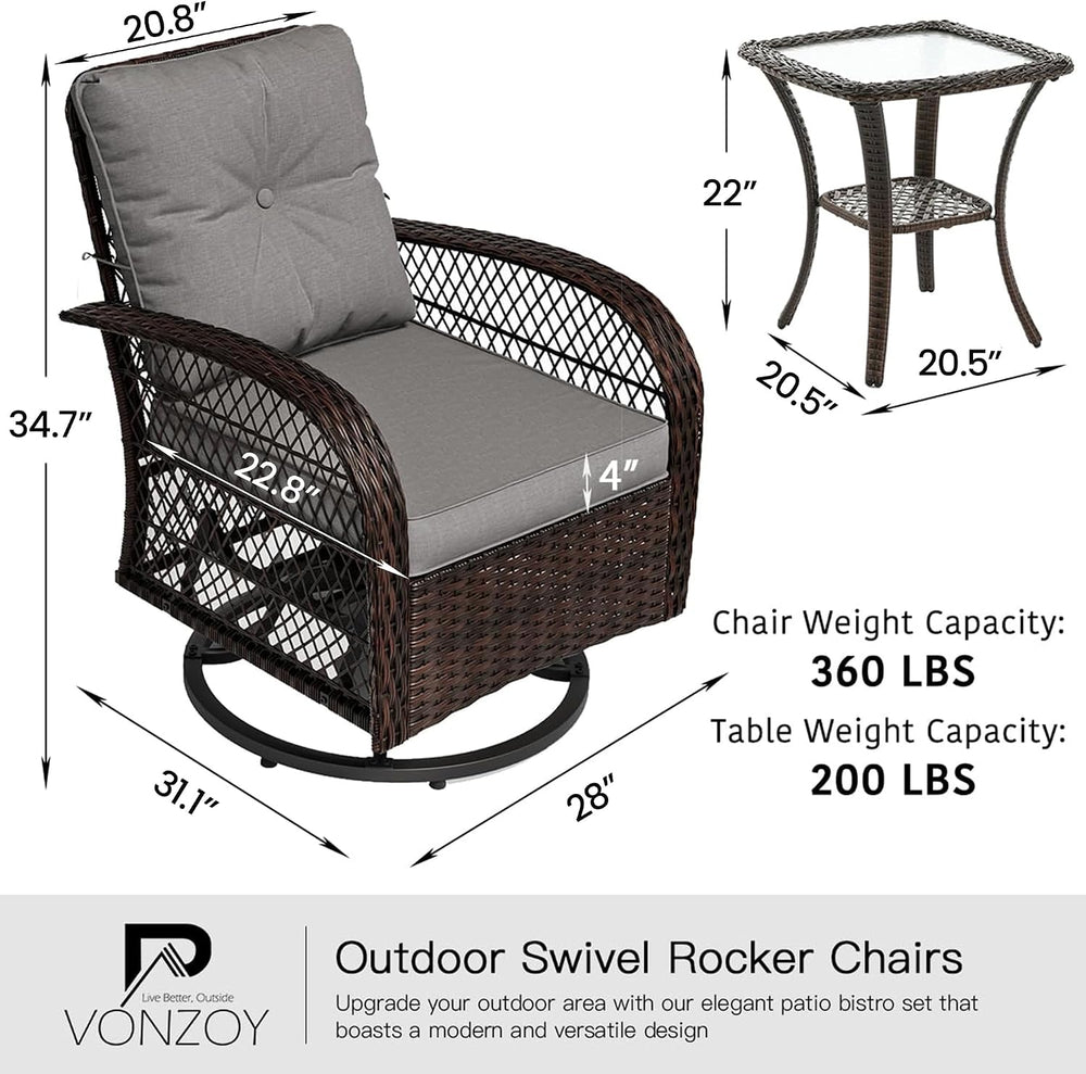 Patio Furniture Set 3 Pieces, Outdoor Swivel Glider Rocker Bistro Set, Gray
