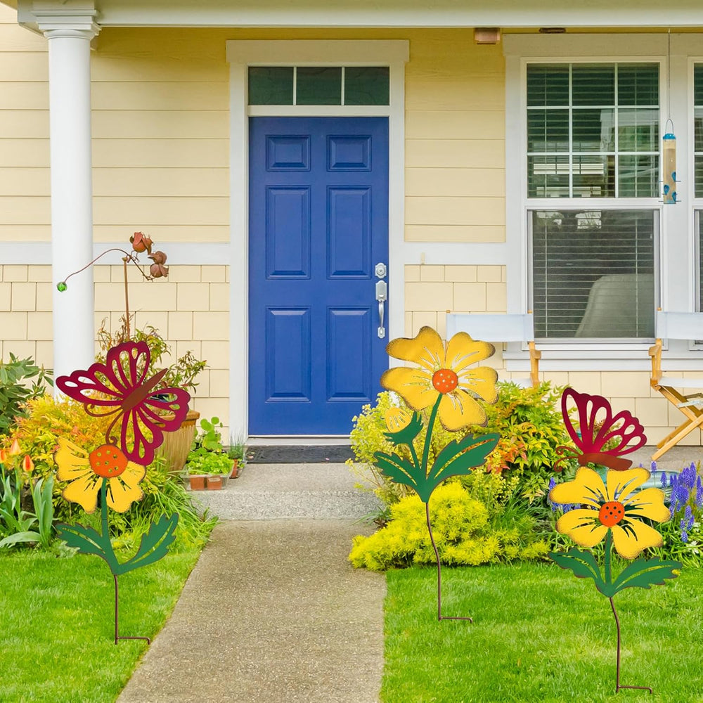 3-Pack Metal Flowers for Outside, 30-Inch Metal Yard Art