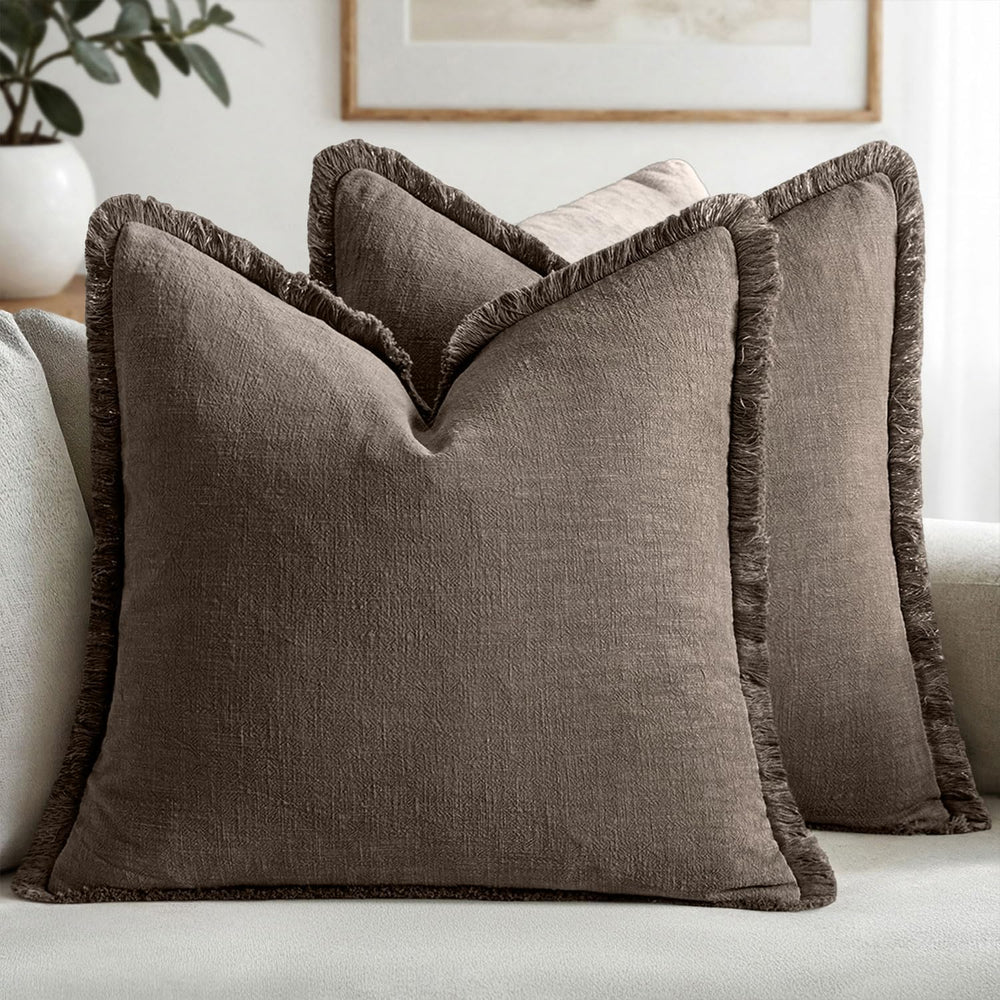 MIULEE Boho Linen Fringe Decorative Fall Throw Pillow Covers Coffee 20x20