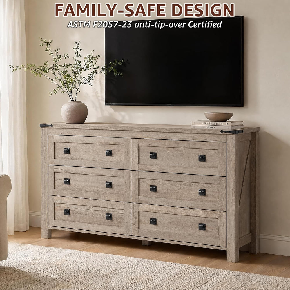 RedLemon Farmhouse 54" 6-Drawer Dresser for Bedroom, Light Rustic Oak