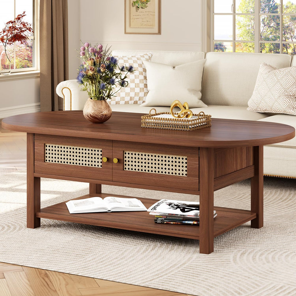 LVB Oval Coffee Table, 47" Rattan Boho Wood Living Room Table with Storage