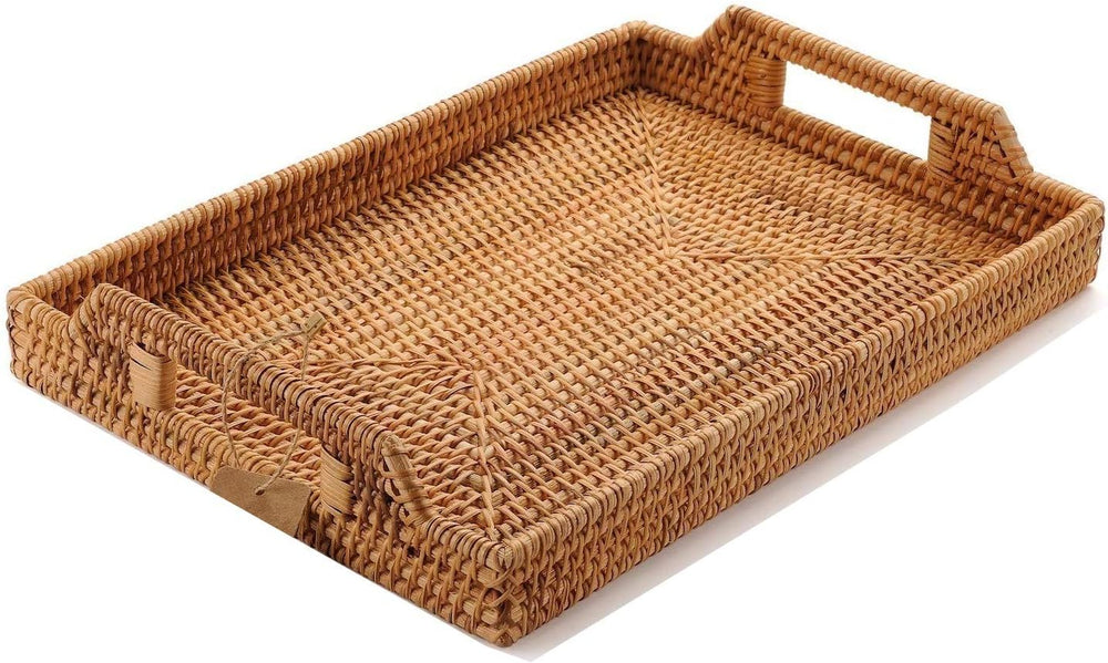 YANGQIHOME 17" Handwoven Rattan Serving Tray with Handles – Rectangular ...