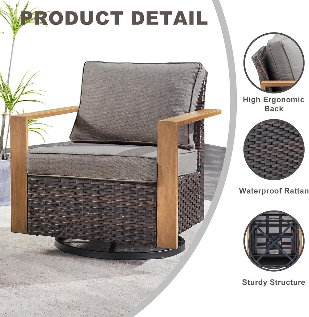 4 Pieces Outdoor Wicker Swivel Rocker Chairs with Ottoman, Grey Cushion