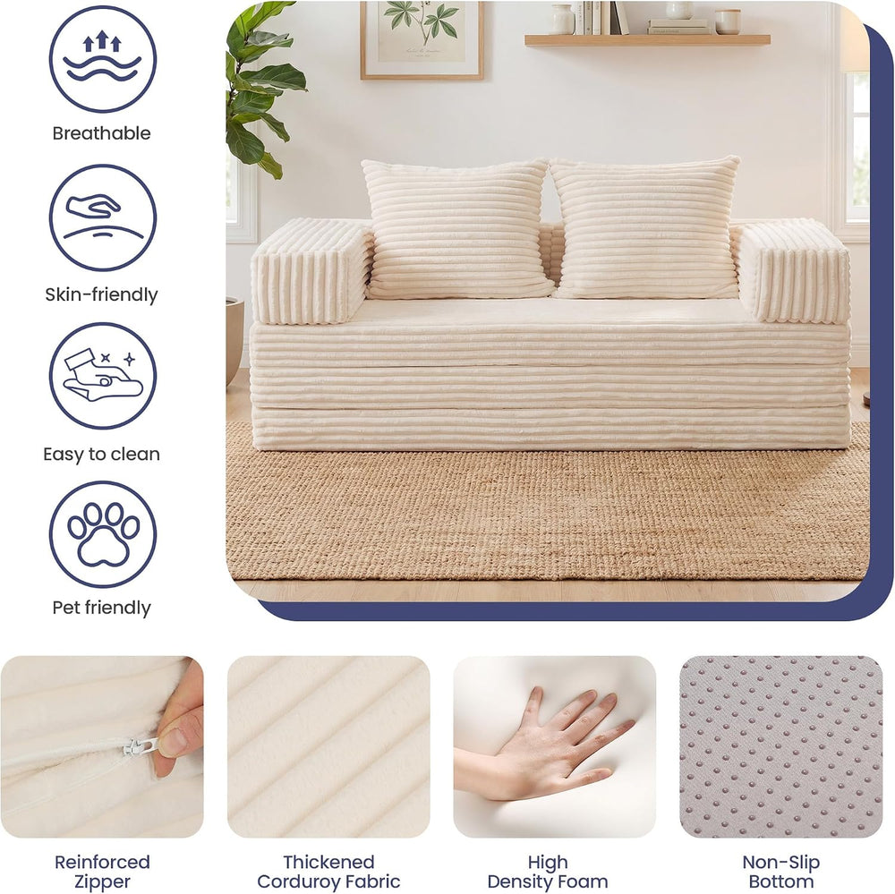 Convertible Sofa Bed, 4-in-1 Boneless Loveseat with Removable Armrests Backre...
