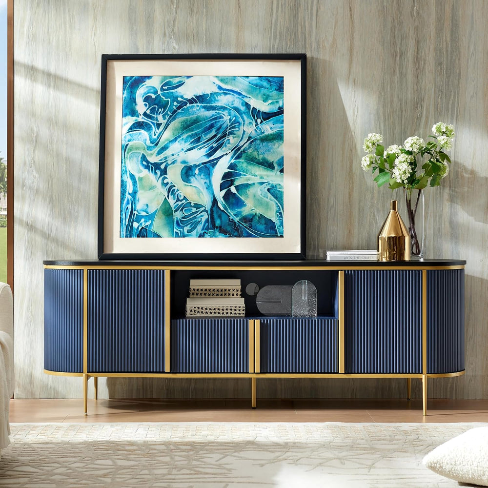 OKD 70" Fluted TV Stand with Storage, Faux Marble Top Entertainment Cent...