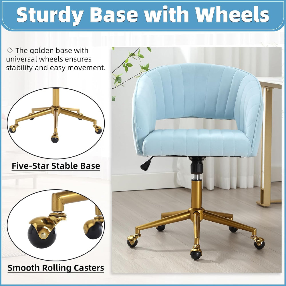 ABET Desk Chair with Wheels, Gold Base, Velvet Accent Vanity Armchair, Blue