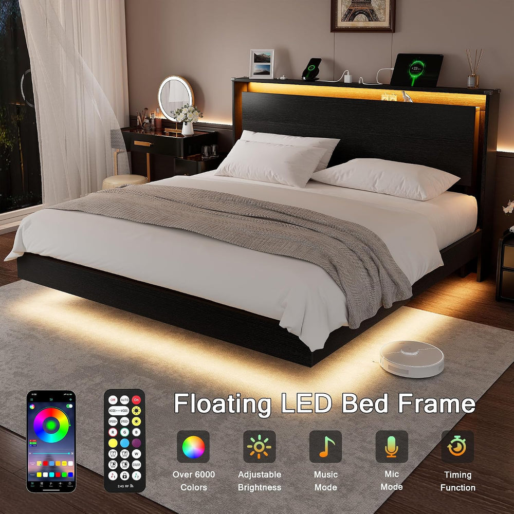 Einhomn King Size Bed Frame with LED Lights & Charging Station – Wood Flo...