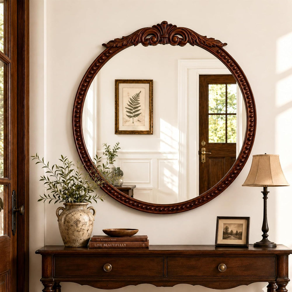 30" Rustic Round Wood Mirror with Beads Walnut Reddish Brown
