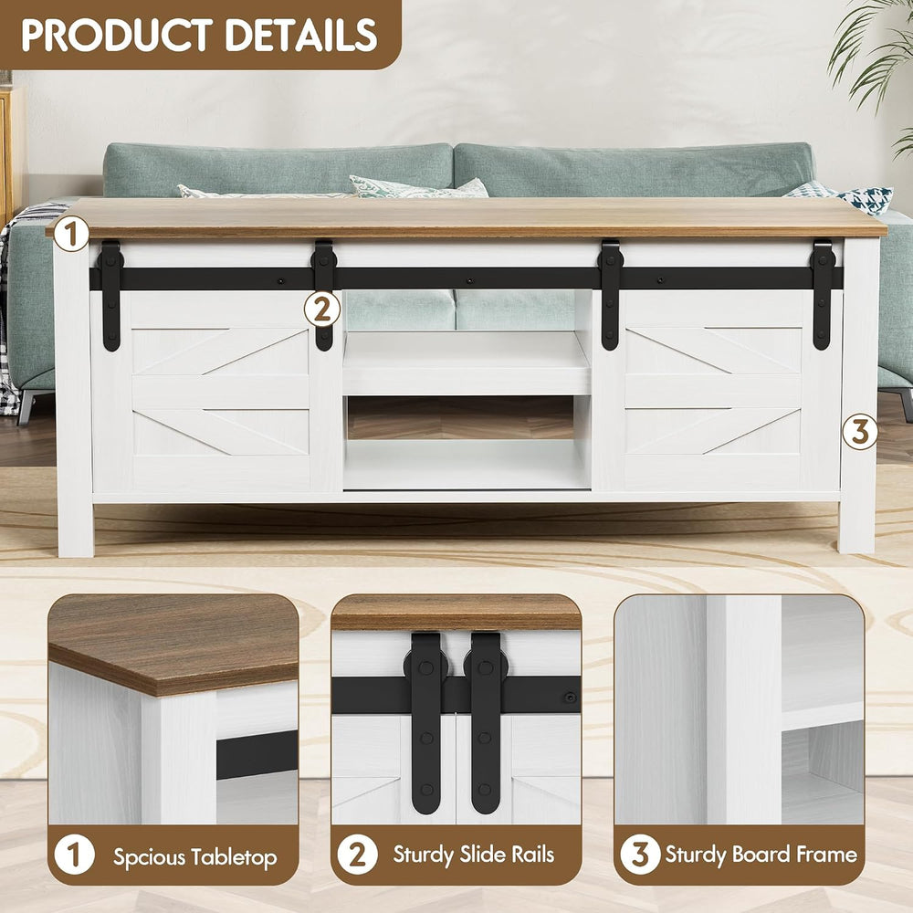 JUMMICO Farmhouse Coffee Table with Storage & Sliding Barn Doors, Modern ...