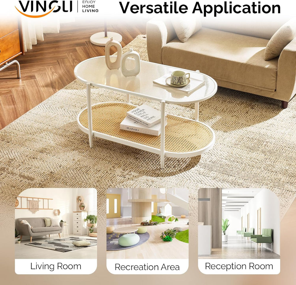 VINGLI 38" Oval Glass Coffee Table, Rattan Coffee Table, White