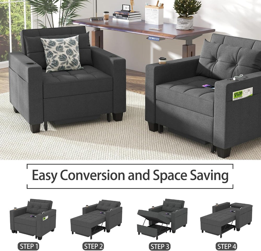 36" 3-in-1 Sleeper Chair, Convertible Pull Out Sofa Bed, Dark Gray Linen