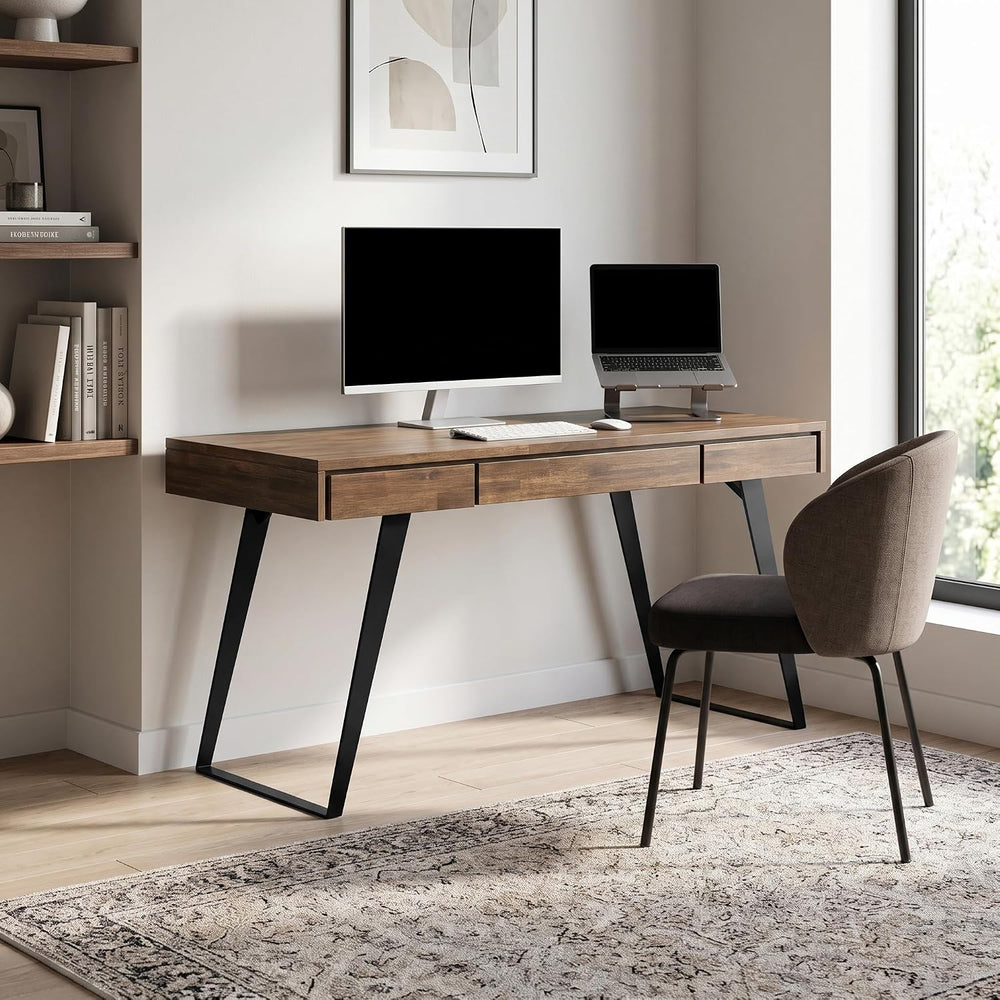 SIMPLIHOME Lowry 54" Wide Solid Acacia Wood Writing Desk in Natural Brown