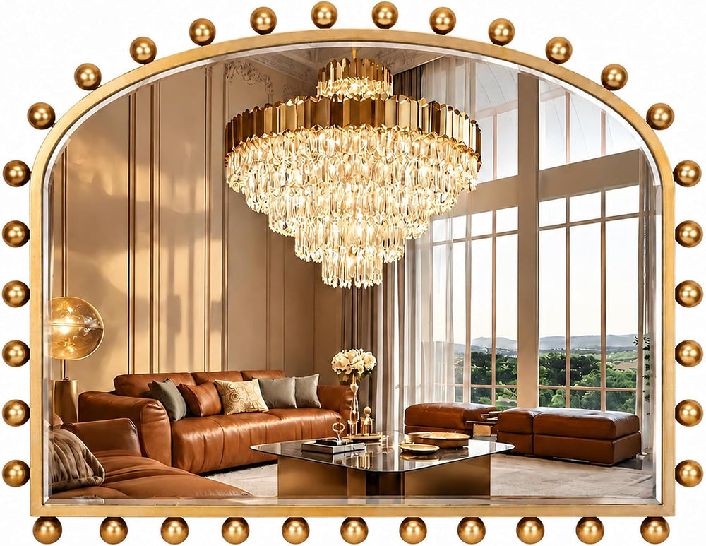 36"x28" Wide Arch Wall Mirror, Antique Gold Ball Frame for Mantel