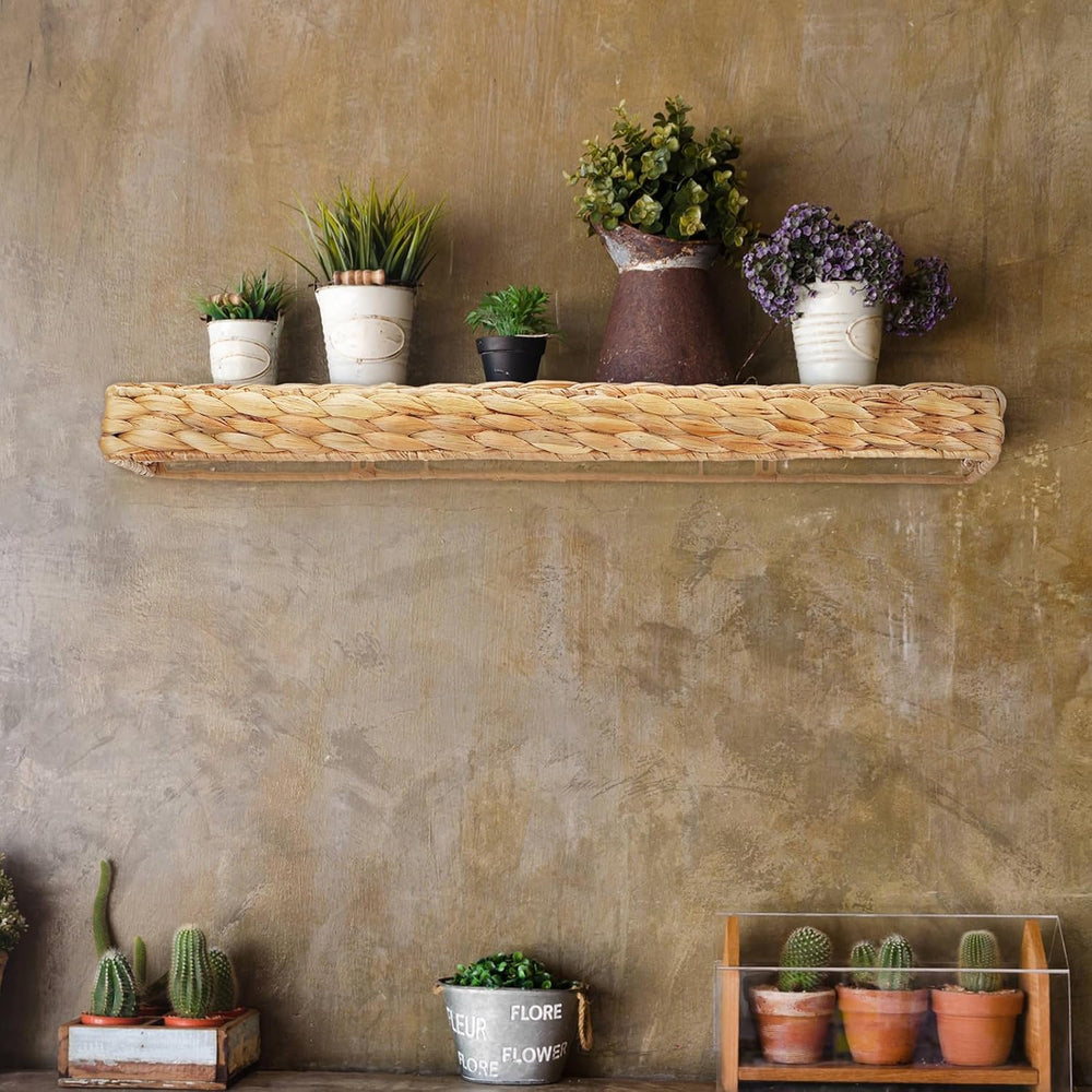 Pinkunn 2 Pack Handwoven Water Hyacinth Floating Wall Shelf 23.6 Inch Woven W...