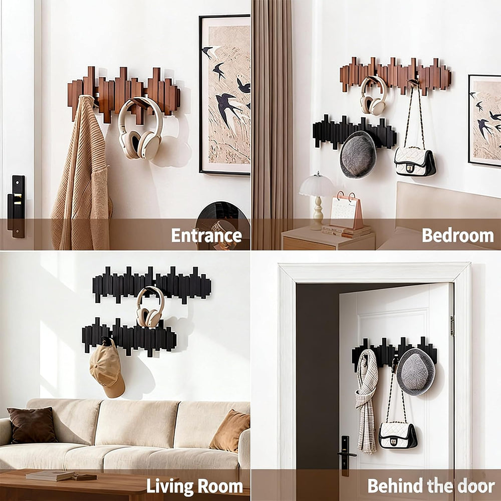 Piano Coat Rack Wall Mount, Wooden Magnetic Wall Hooks with Flip-Down Design,...