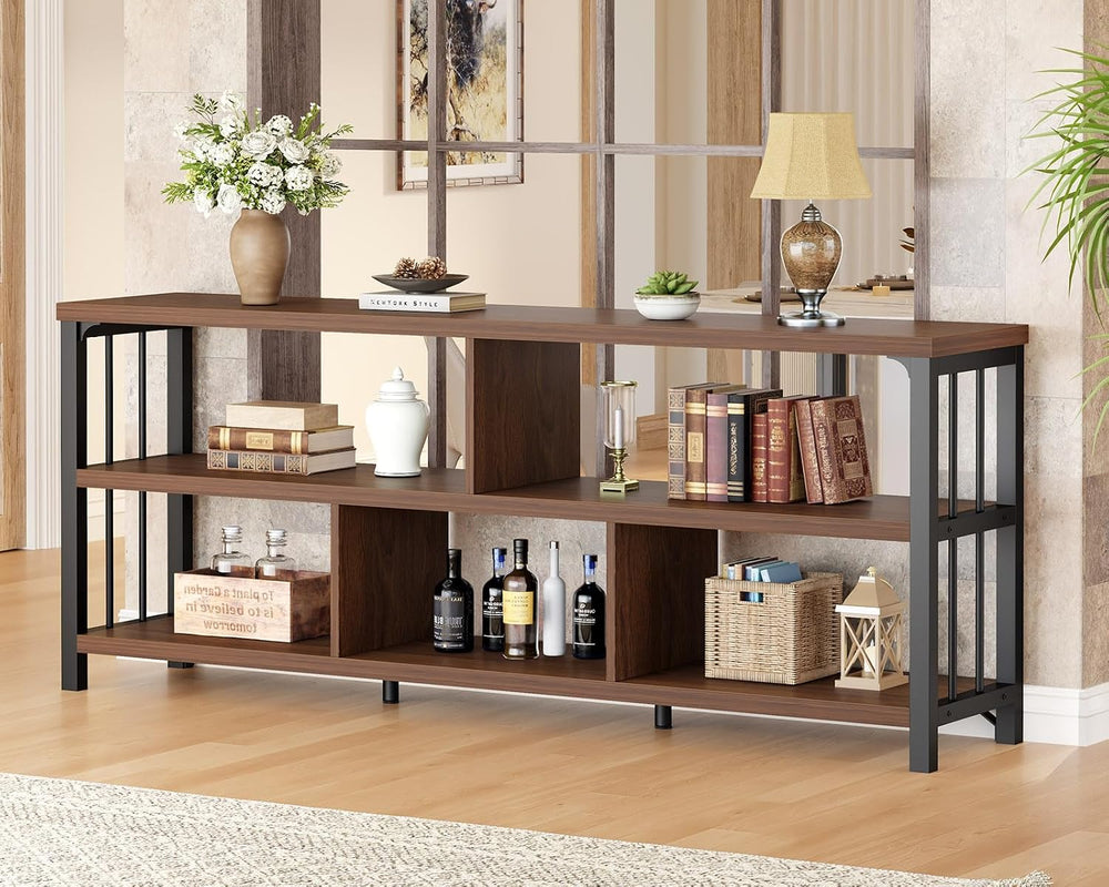 IBF 63” Long Horizontal Bookshelf, Wide Low Open Wood Bookcase, Walnut