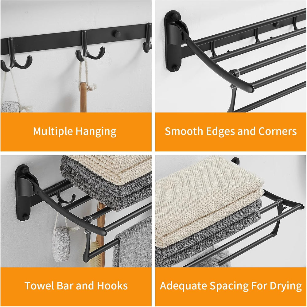 BESy Towel Racks with Foldable Towel Bar Hooks, Wall Mounted Matte Black