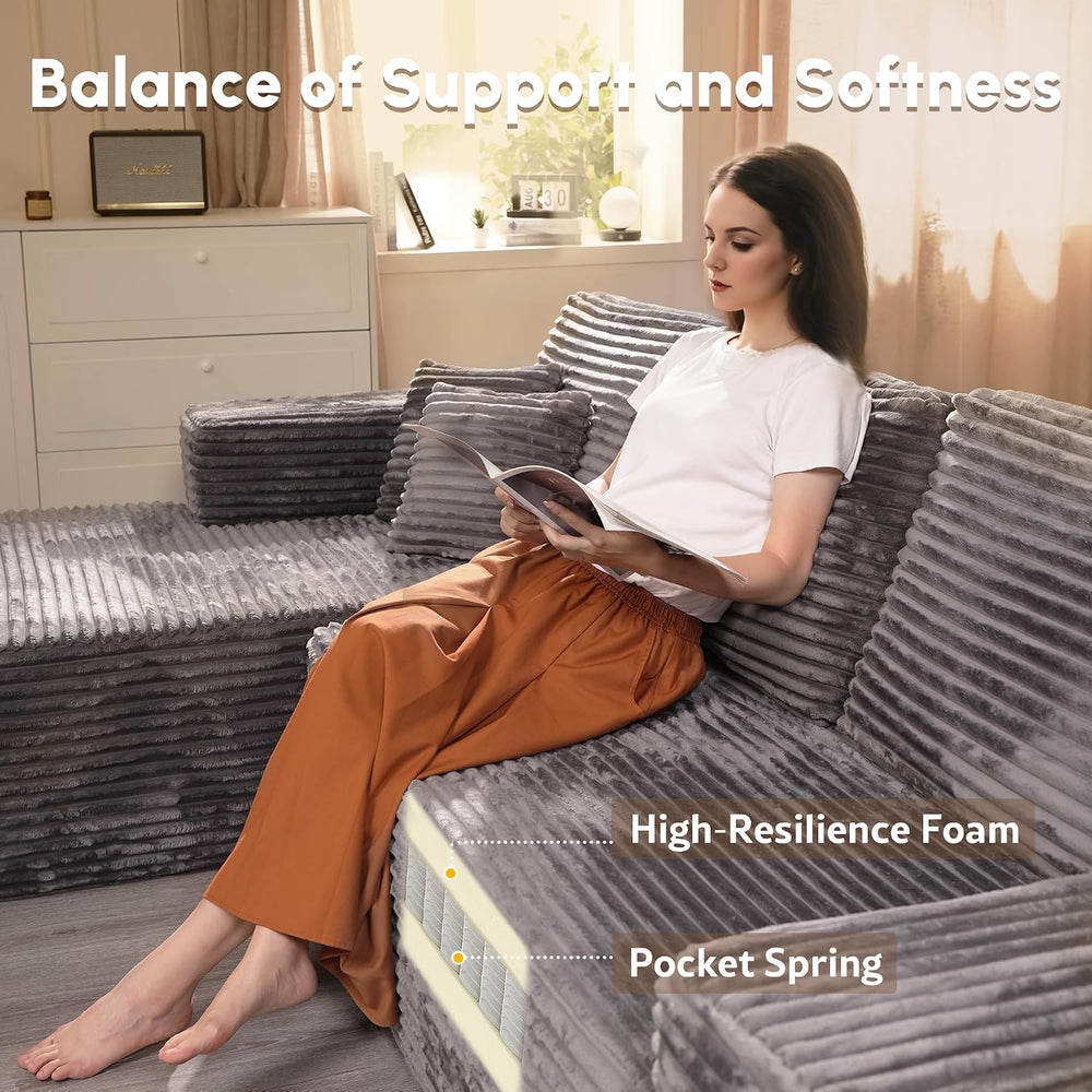 164" Boneless Cloud Couch with Round Chair, Modular Sectional Sofa with ...